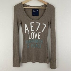 AMERICAN EAGLE Brown Bella Swan Waffle Knit Scoop Neck Fitted Long Sleeve Top